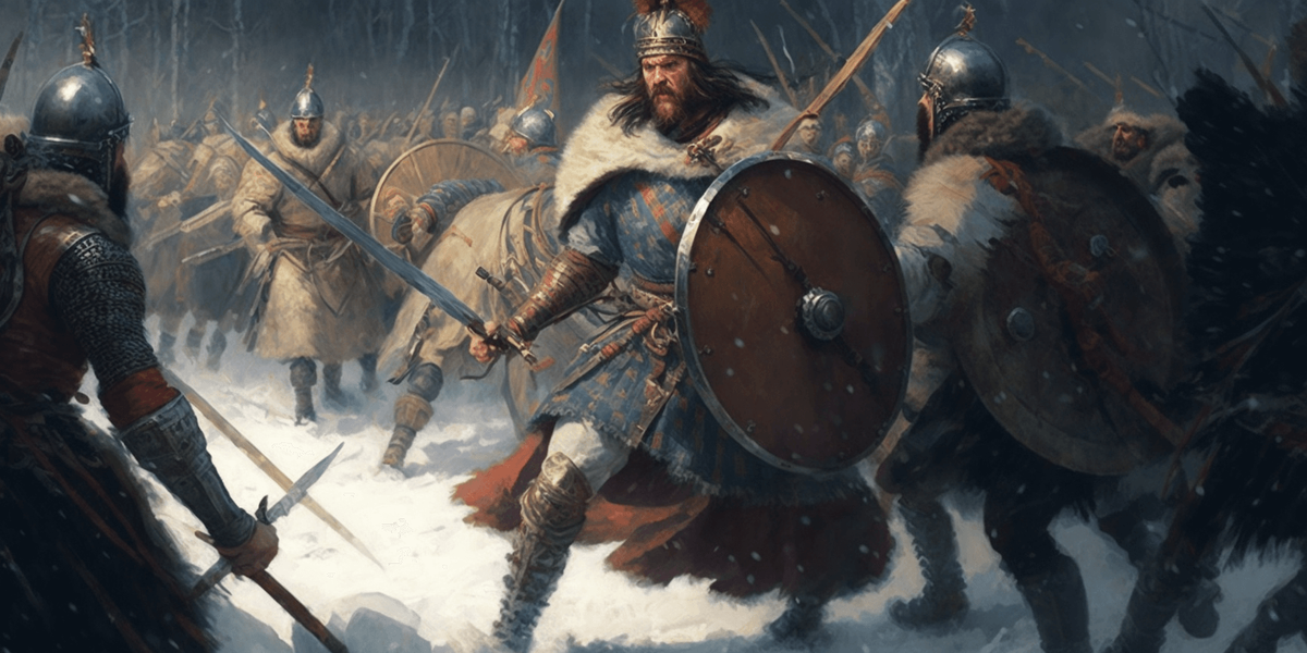  , Vasily Surikov: A historical battle scene with Russian warriors in traditional armor