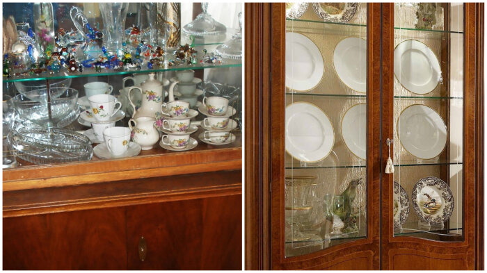 Советский интерьер. Время 1970-80-е гг. Обратите внимание, правый шкаф с тарелками, напоминает шкаф у Ливии Сопрано, только тарелки коллекционные и явно имеют ценность, чего не скажешь о посуде в серванте.