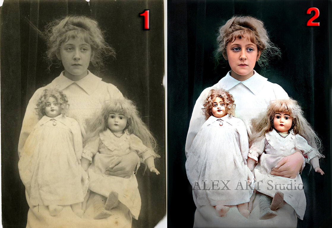 Агата Кристи в детстве со своими куклами 1898 год. Реставрация и колоризация Студия ALEX ART