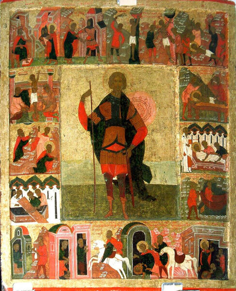МУЧЕНИК МИНА КОТУАНСКИЙ, С ЖИТИЕМ. Вторая четверть – середина XVI века. Ростов (?) Тверь (?). 65,0 × 55,0 см. Дерево, темпера. Из Дмитровского района Московской области. КП 5277. Собрание Музея имени Андрея Рублева