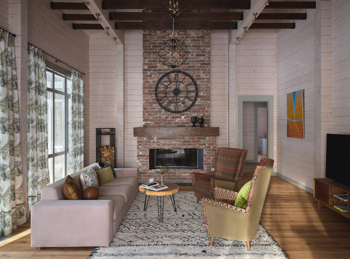 Загородный дом по дизайну Ирины Васильевой и Александры Лепиной, бюро SVETLITSA. Гостиная. На полу инженерная доска, Finex. Диван, кресла, пуф – ARL мебель. Ковер, La Redoute. Портьеры, «Мастерская Ольги Майгер». Аксессуары, Troubadour shop, Marilux и Reloft home. Картина Олега Григораша, галерея Kvartira s. Журнальный столик, Woodzzila. Плитка из старинного кирпича на камин, «Старинный дворик», масло для тонировки, Biofa.