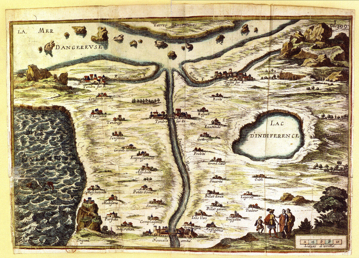 Франсуа Шово. Гравюра: la Carte du Tendre, Париж, BNF. 1654