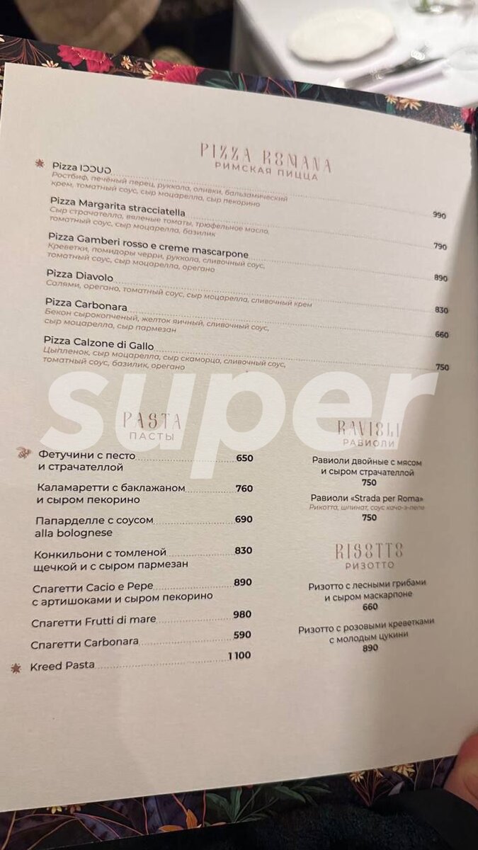    Меню Gucci Cafe Фото: эксклюзив Super