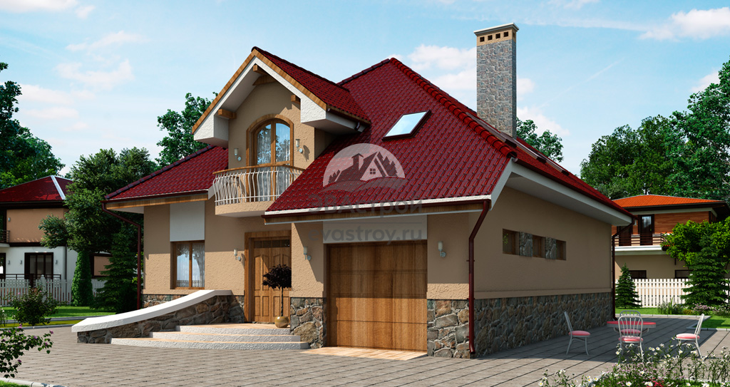 Проект коттеджа 221 м2 из керамоблока с мансардой, гаражом, балконом и террасой - 102-52