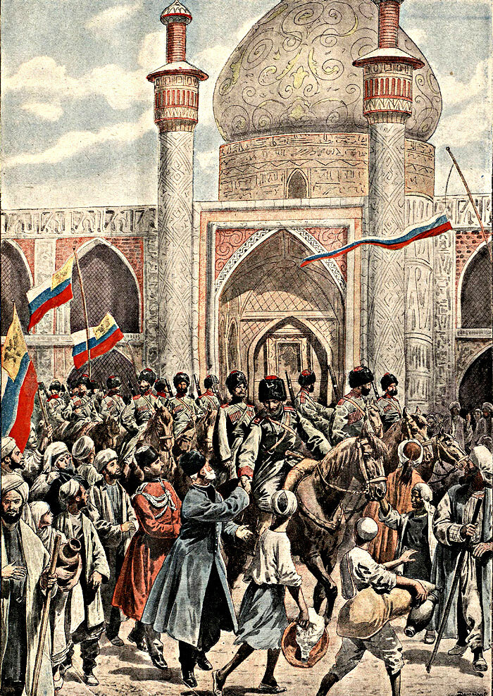 Генерал Баратов, карта действий Экспедиционного корпуса и встреча местными жителями русских казаков.