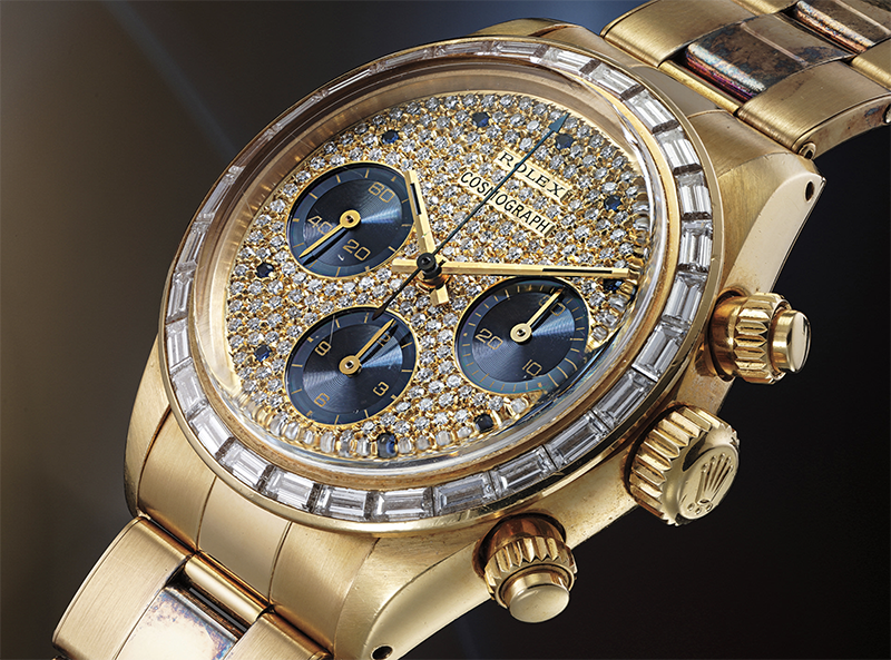 Хронограф Rolex Ref.6270 Cosmograph Daytona в 37 мм корпусе из желтого золота с бриллиантами на безеле и циферблате