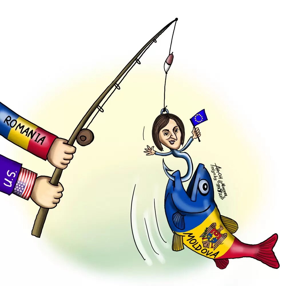 Глобальная рыбалка Штатов на «соросят»: Санду — мормышка, улов — Молдавия. Рисунок Антона Островского