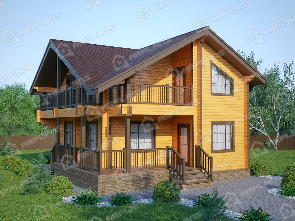 Фото 1 двухэтажного дома из бруса с мансардой, 3 спальнями, балконом и террасой. Общая площадь до 140 кв м. Источник arplans.ru Проект ДС-092