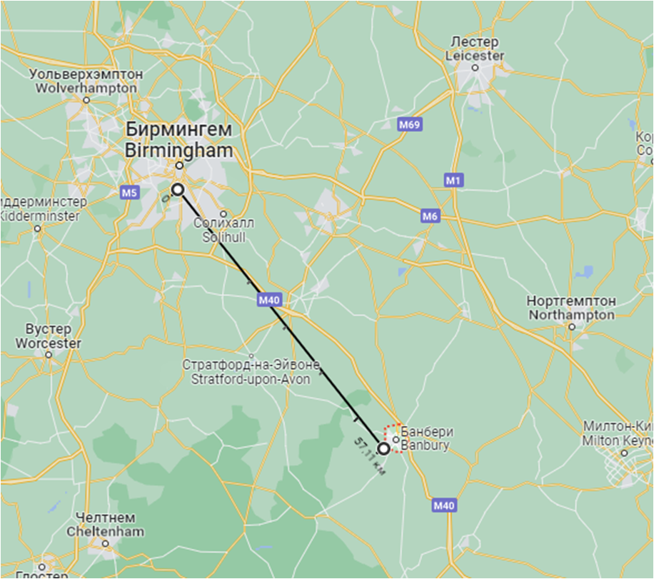 Расположение г. Банбери, рядом с которым произошла битва. Google.Maps