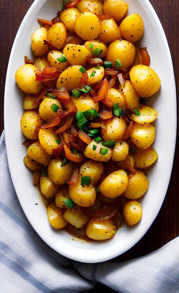 Молодой картофель с жареным луковым ассорти