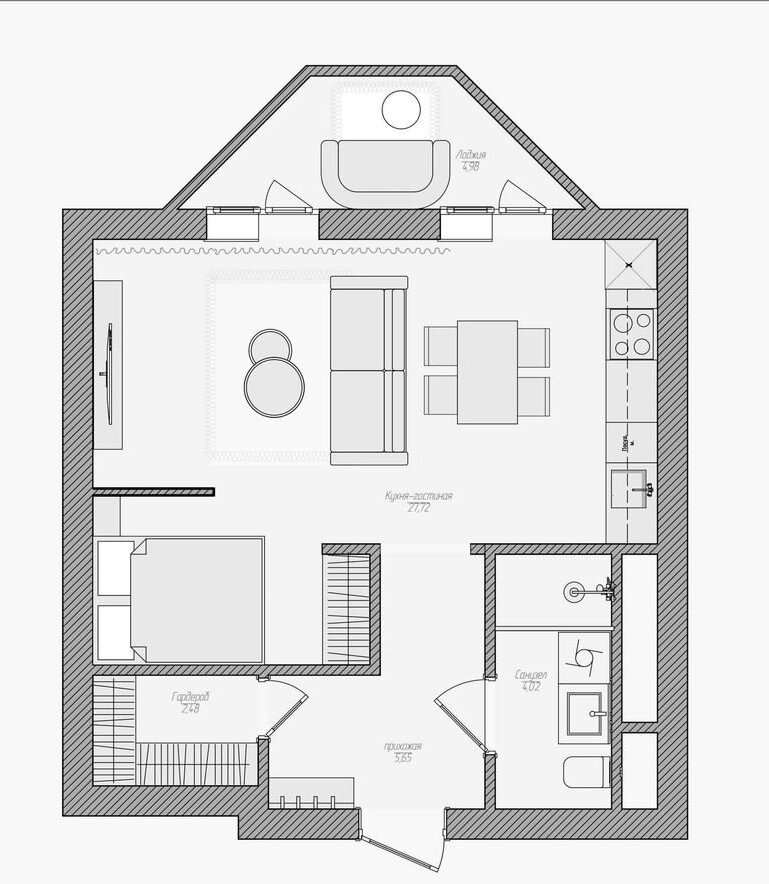 Панорамные окна и камин. Аристократичный интерьер на площади всего 40 кв.м.