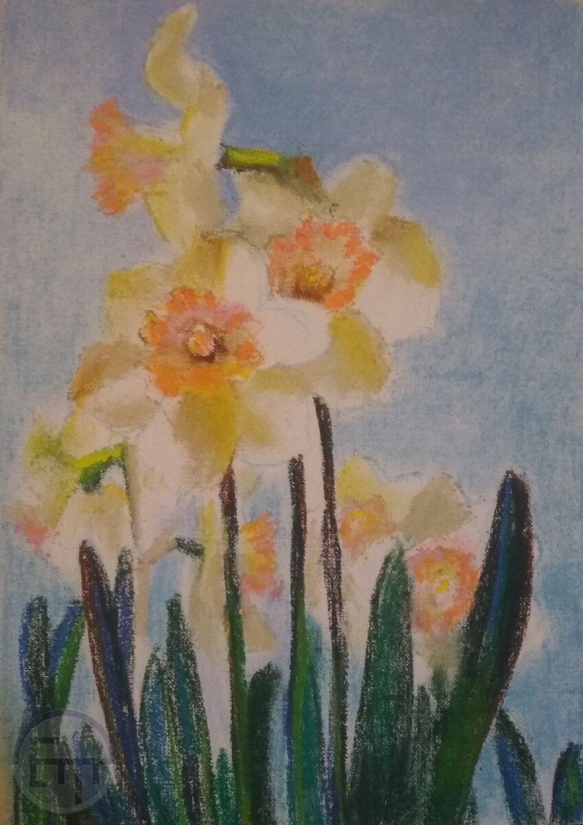 Художник Елена Тюрина. Процесс создания картины: "Первые цветы". Стадия II . Сухая пастель. 2021 г. Размер: 29.7х21см.