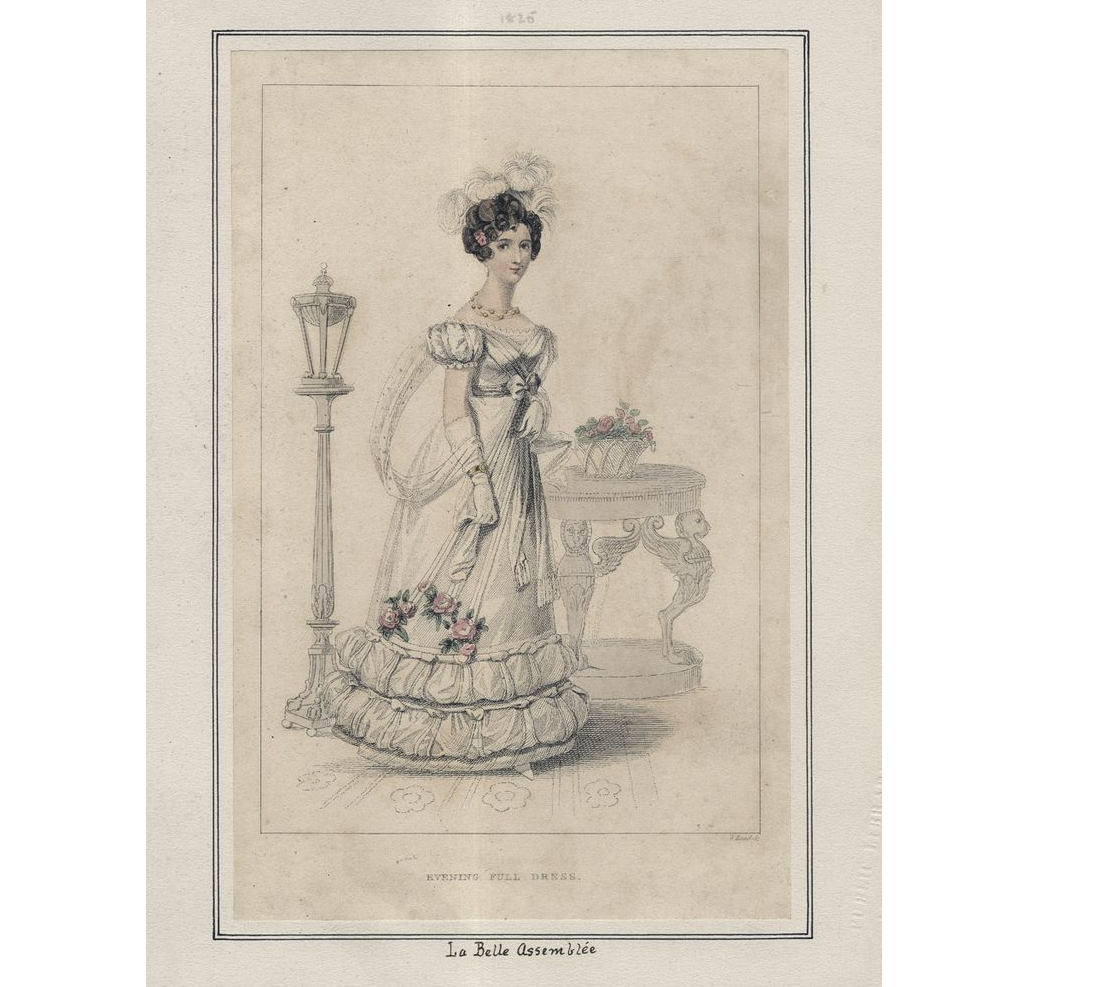 Модная гравюра с вечерним нарядом, "La Belle Assamblee", 1825. (с) Публичная библиотека Нью-Йорка