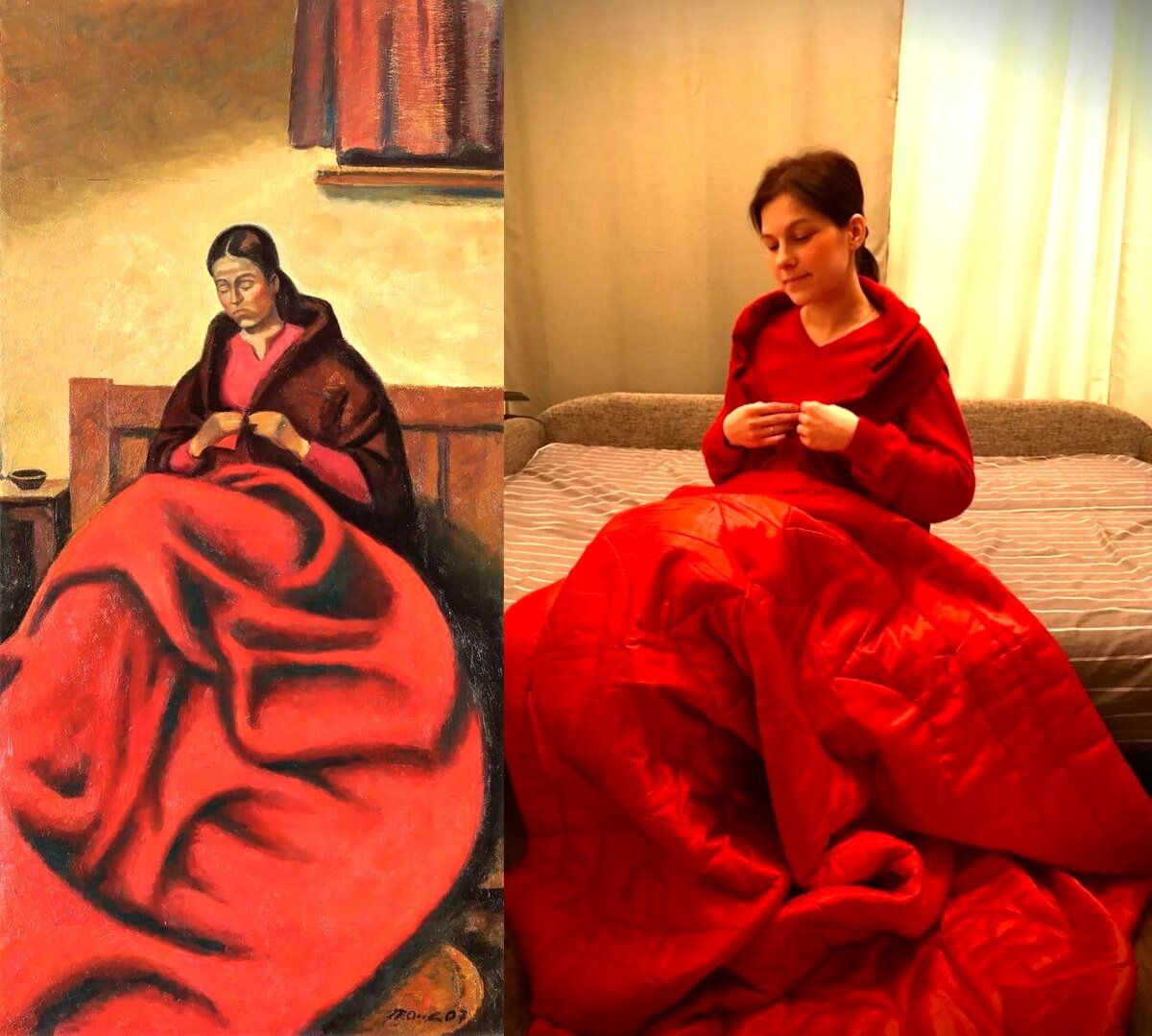 Слева - картина Петра Оссовского "Словацкая девушка за шитьем" (2008)