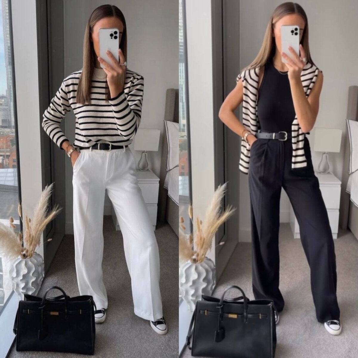 Даже в минималистичных образах, тельняшка придаёт динамики за счёт ритмичного принта