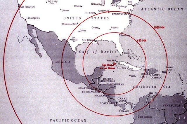 Карта радиуса поражения Советских ракет на Кубе