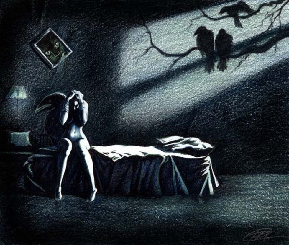Ночью приходит демон. Одиночество иллюстрация. Печальные картины. Страх Темноты и одиночества.