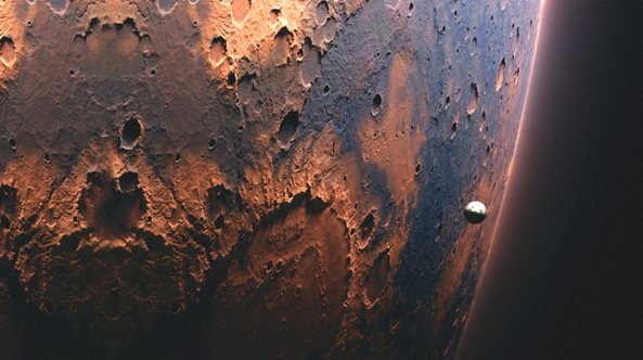 Марс, снимок из космоса. Базальтовая поверхность Марса, как и на Луне серого цвета. Красный оттенок получает лишь совсем незначительная атмосфера планеты из-за молекул углекислого газа, в ней преобладающих. Поскольку суточное вращение Марса почти равно Земному, то и окружной центр Марса находится примерно на том же расстоянии от центра планеты. Но вдвое меньший диаметр "красной планеты" означает и вдвое большее расстояние окружного центра от поверхности (около 80 км., а не 40, как у Земли), что и сдувает атмосферу Марса.