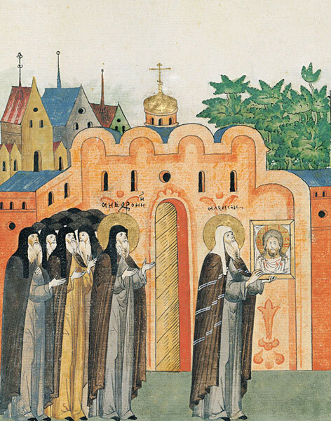 Святитель Алексий приносит в монастырь икону «Спас Нерукотворный». Миниатюра лицевого списка Жития преподобного Сергия Радонежского. 1580-е – начало 1590-х гг.