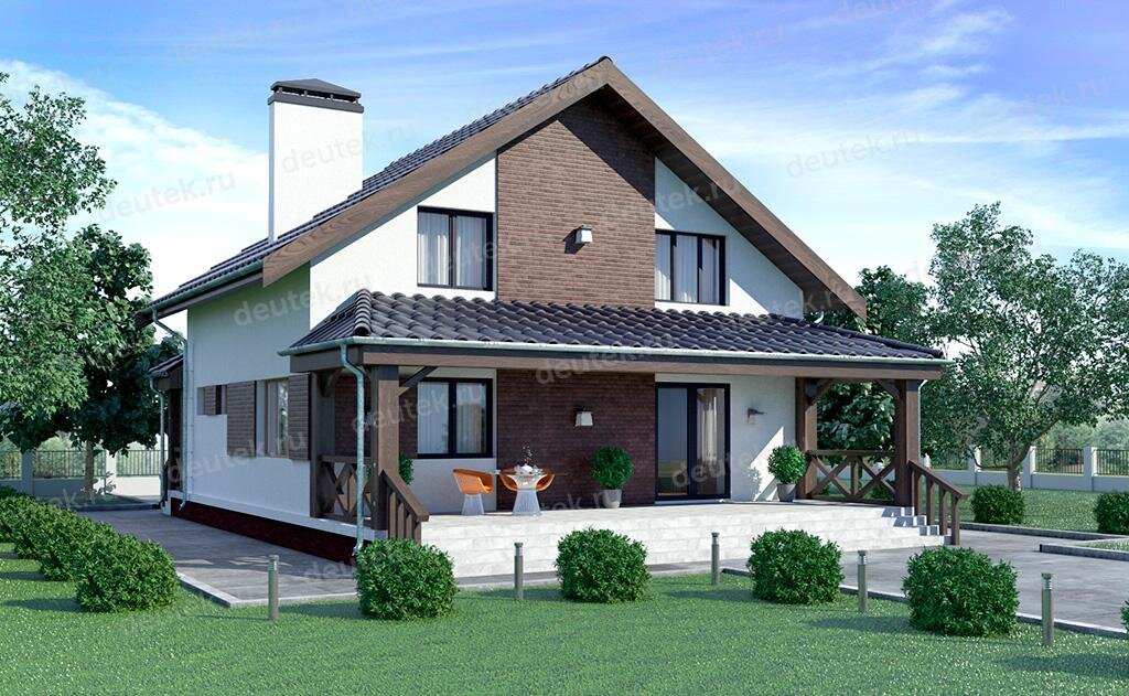 Проект дома 139 м2 из газобетона с мансардой, кабинетом и террасой - DT0537