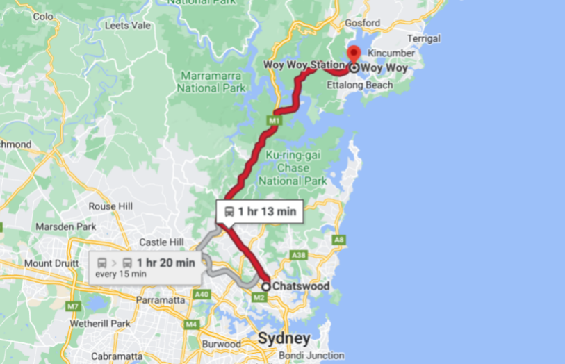 Маршрут нарисован до одного из крупнейших пересадочных узлов северной части Сиднея. До центра города там рукой подать. Видите, друзья, ехать чуть больше часа. Поезда комфортабельные, да еще и с туалетом в каждом вагоне. Все очень удобно.