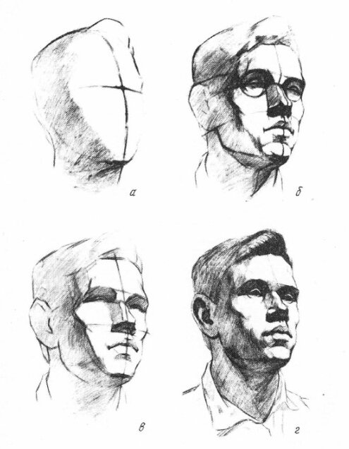 Последовательность рисунка головы, начинается с обобщенной формы, напоминающей яйцо.