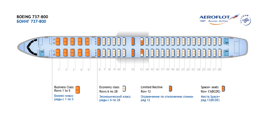 Схема Boeing737 авиакомпании Аэрофлот | Изображение взято с сайта авиакомпании