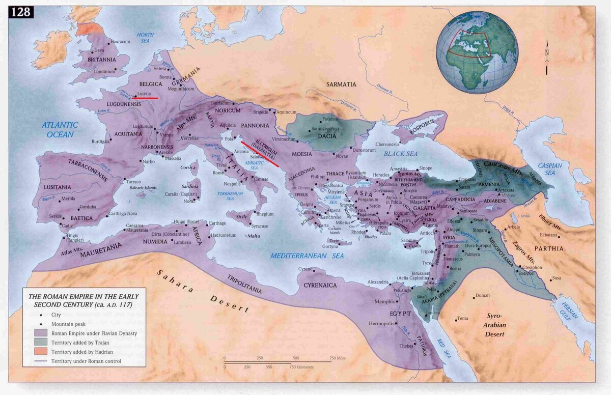 Столица Юлиана - Лютеция и область Иллирии - выделены красным.