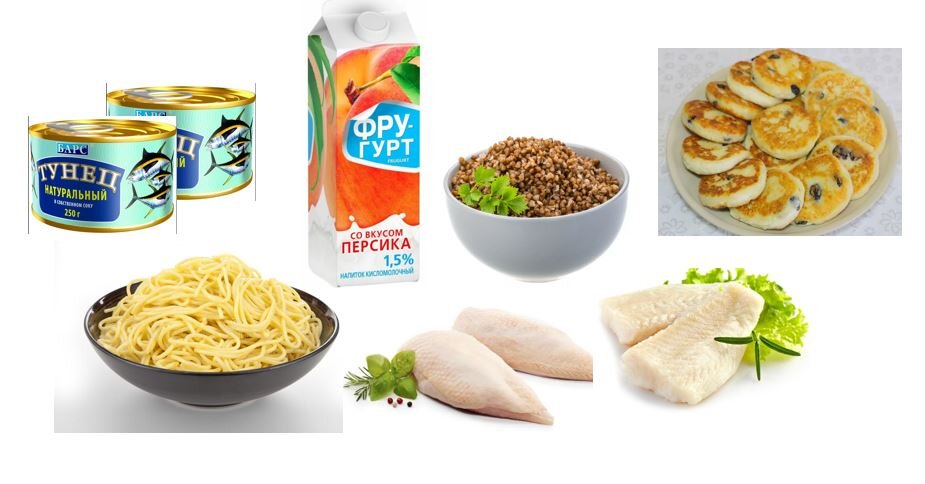 Примерно такой набор продуктов на день был у меня. Только выглядело не так красиво и "Фругурт", и тунец были другими :)