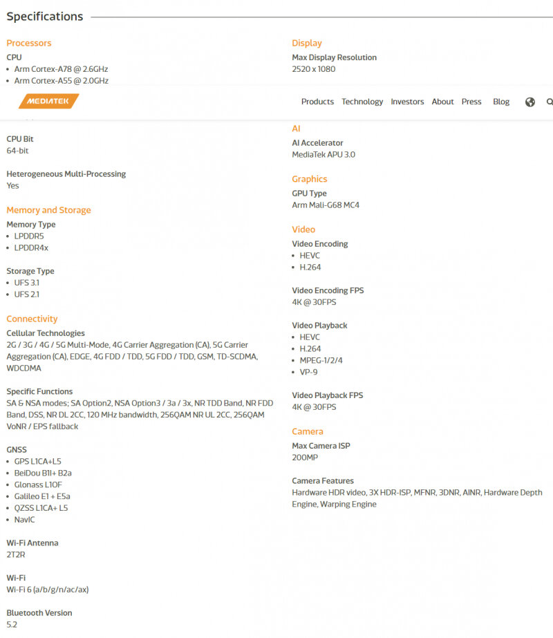 Спецификации MediaTek Dimensity 7050