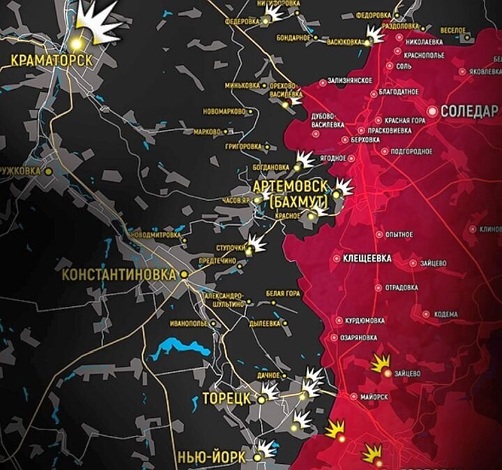Карта боевых действий в районе Бахмута на утро 23 апреля 2023 года. Источник: t.me/readovkanews.