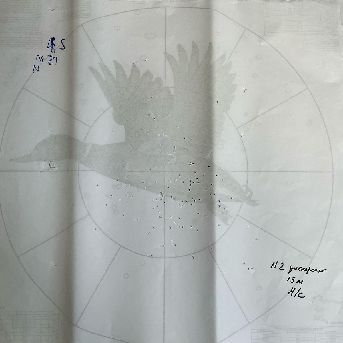 Дробь №2, 15 метров, нижний ствол. 