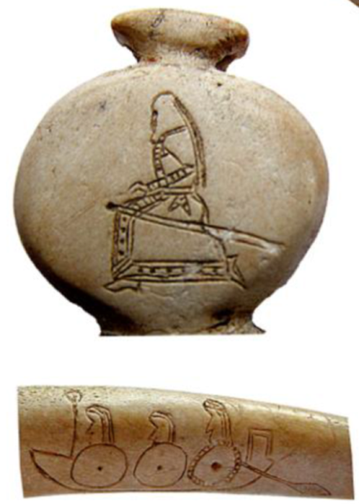 Славянские воины в ладье и тюркский военачальник. Рисунки на костяном навершии VII в., Болгария. Изображён знатный тюркский воин в коленноприклонённой позе, обычной для приветствия в тюркском войске VII века. Воин в ладье приветственно поднимает весло или копьё-знамя - поэтический символ готовности к битве.  