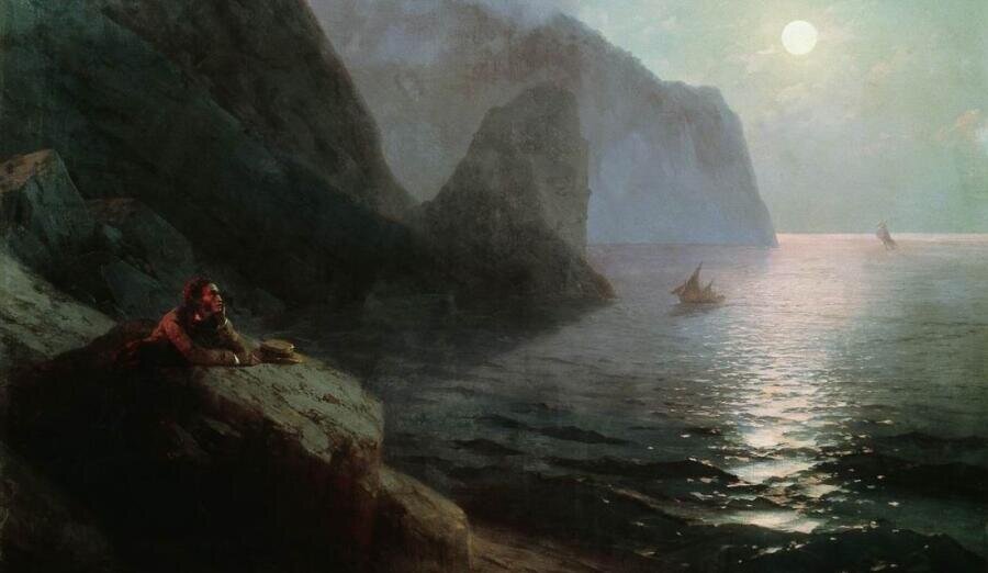    И. К. Айвазовский, «А.С. Пушкин в Крыму у Гурзуфских скал» (фрагмент), 1880 г. Фото: общественное достояние