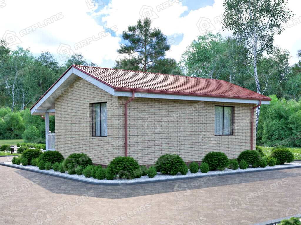 Фото 2 одноэтажного дома из газобетона с 1 спальней и террасой. 50 кв м. Источник arplans.ru Проект К-294