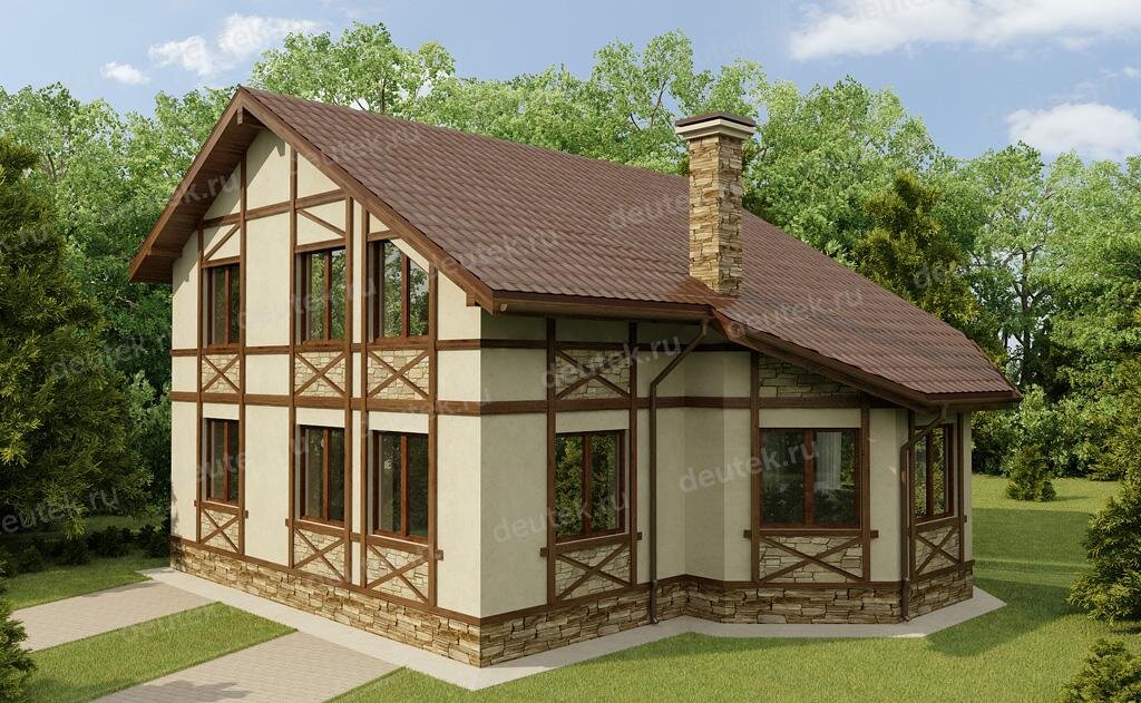 Проект дома 265 м2 в стиле фахверк из керамоблока с гаражом и балконом - DT0346