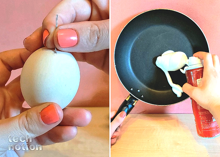 Протыкаю яйцо перед варкой и отмываю сковороду пеной для бритья / Изображение: дзен-канал technotion