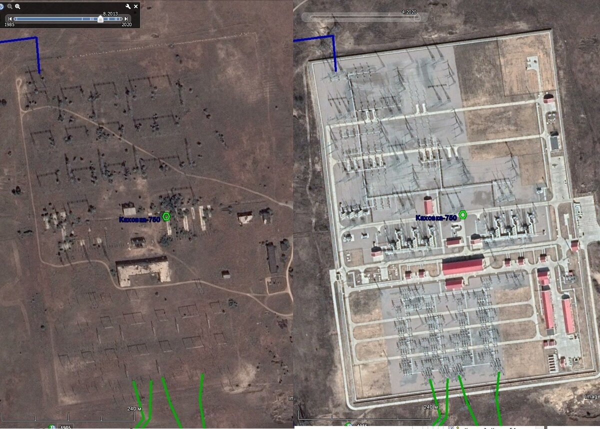 ПС 750/330 кВ Каховка-750 (август 2013 и апрель 2020). Построена на месте недостроенной советской подстанции. Именно на месте – видно, что все старые сооружения снесены