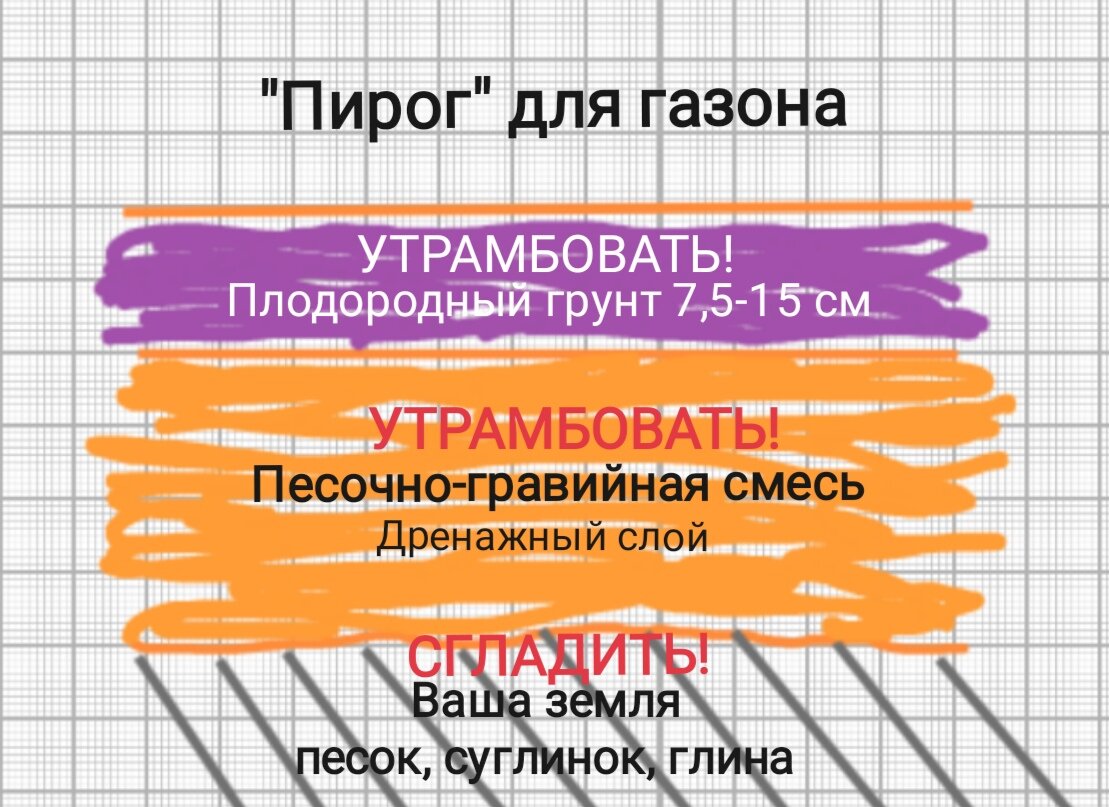 Слоёный почвенных пирог создаётся одинаковый для сеяного и рулонного газона.