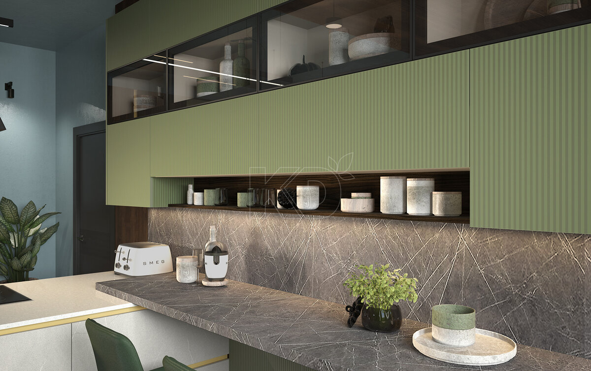 Фасады кухни из экомассива имеют  оригинальный вертикальный рисунок