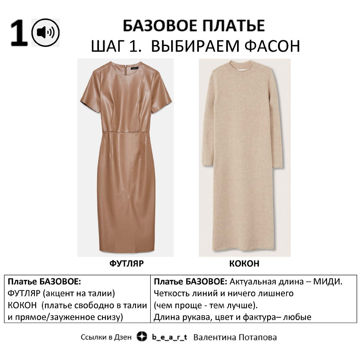 1 шаг: 1.1 Выбираем фасон:
 ФУТЛЯР - акцент на талии: она есть 
КОКОН - платье свободно в талии (не обтягиваем, то что хотим скорректировать) и прямое/зауженное снизу

