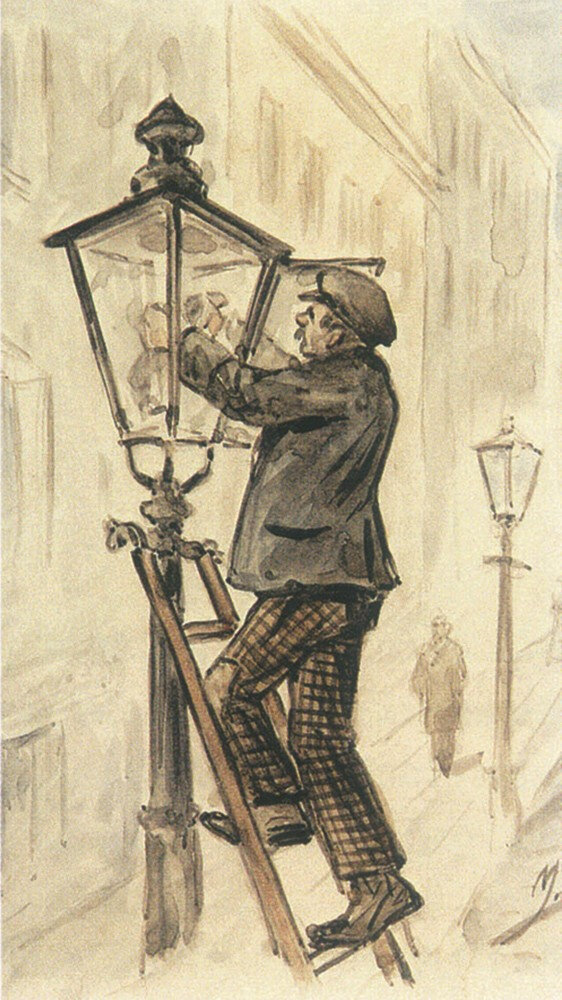 Фонарщик. Акварель М. Андреева. 1902 г.
