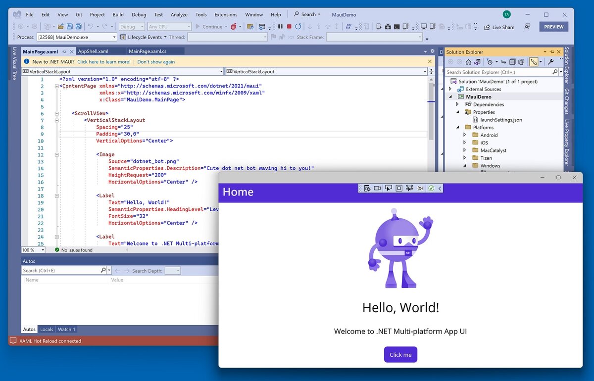 Привычный интерфейс Visual Studio и непривычно новый интерфейс кросс-платформенного мобильного приложения на MAUI.