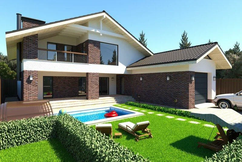 Внешний вид дома. Вид на главный фасад. Источник изображения: Дзен-канал "Строим коттеджи со Stone-wood-house"