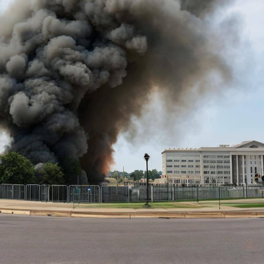 Фото якобы взрыва неподалеку от Пентагона. Изображение разлетелось по многим СМИ, пока не стало ясно, что оно было сгенерировано искусственным интеллектом. 