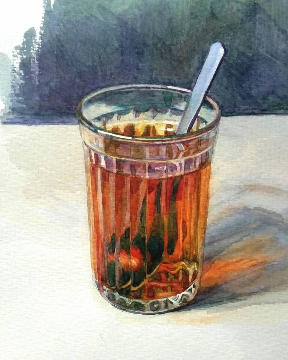 Чай в граненом стакане живопись акварель