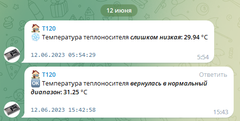 Пример уведомлений в выходе параметра из диапазона