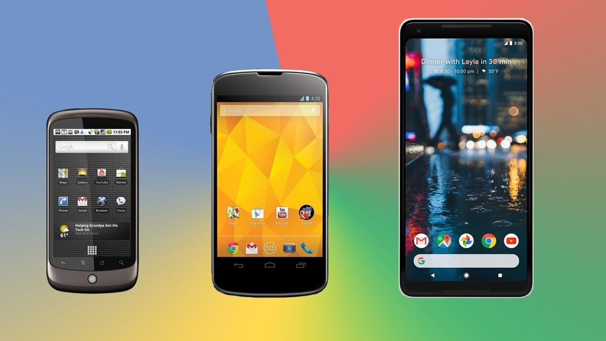 Эволюция от Nexus One до Nexus 4 и Pixel 2 XL.