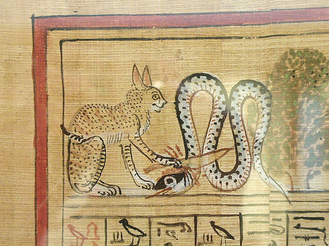 Кот в драке со змеей на древнеегипетском папирусном свитке
