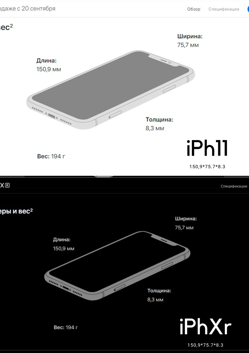 Рисунок 2 - Верхняя часть (белый фон), указаны габариты нового iPhone 11; Нижняя часть (черный фон), указаны габариты iPhone Xr (2018 год выпуска)